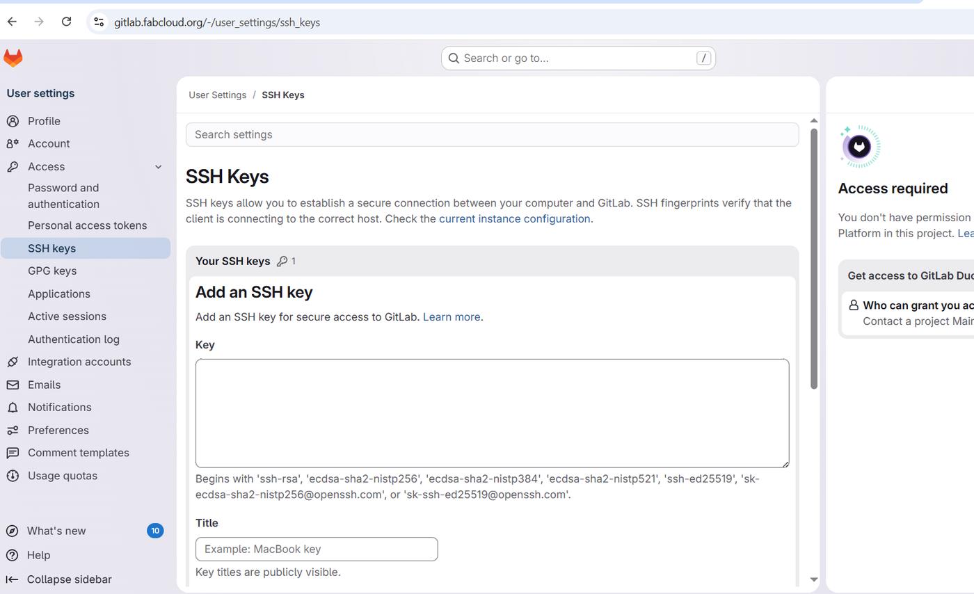 GitLab SSH Keys settings page — adding the public key