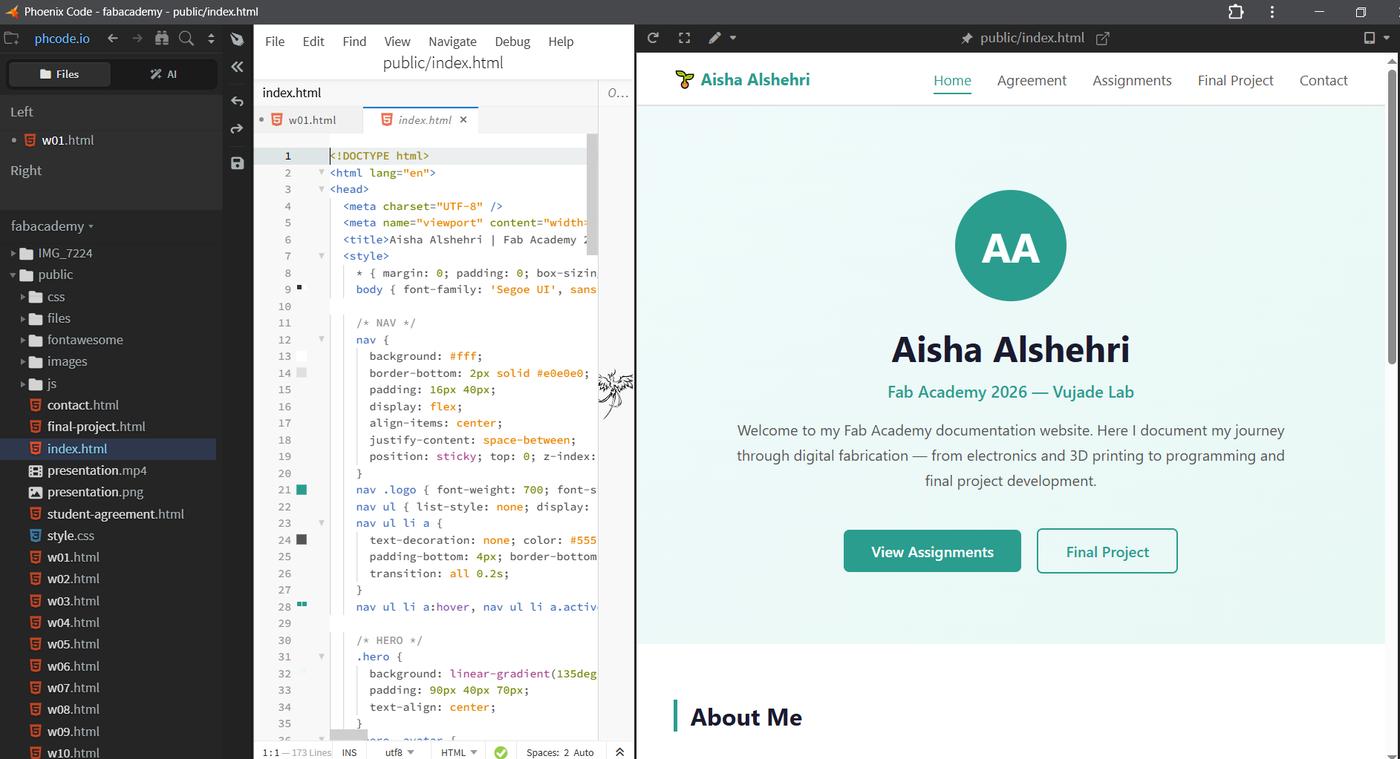 Phoenix Code editor with the fabacademy folder open and live preview of the website running side-by-side