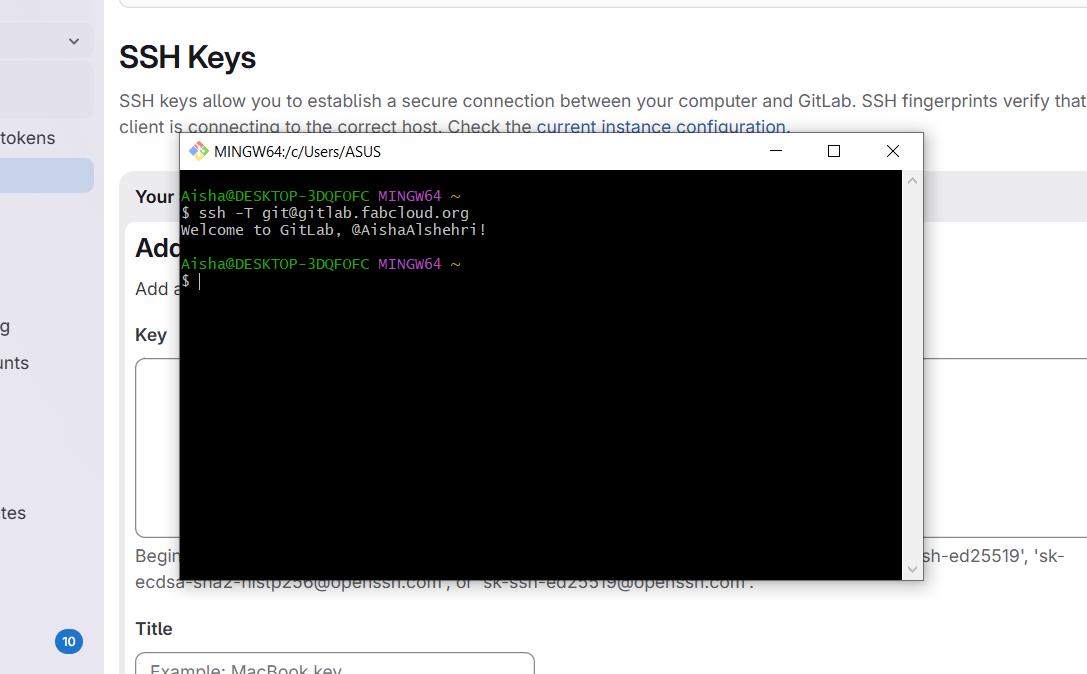 Git Bash terminal showing ssh -T git@gitlab.fabcloud.org — Welcome to GitLab, @AishaAlshehri!