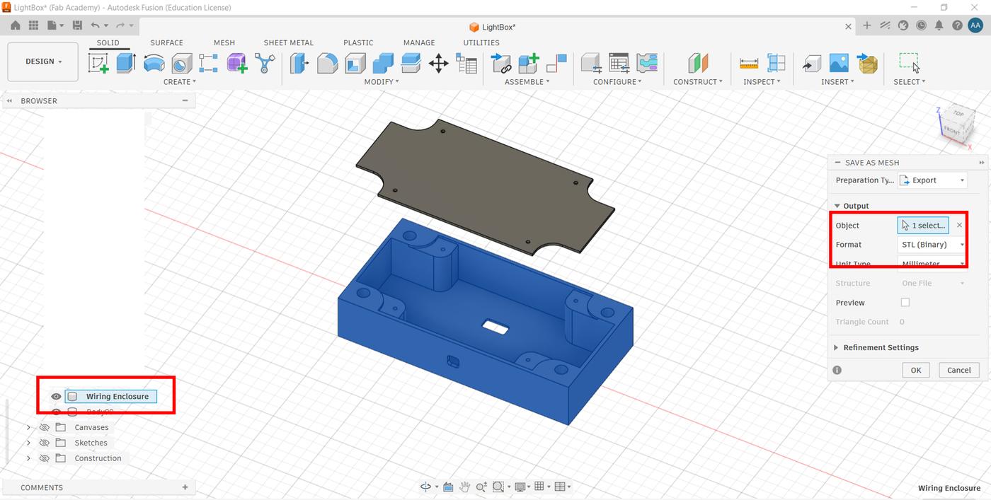 Fusion 360 — exporting the body as STL mesh for 3D printing