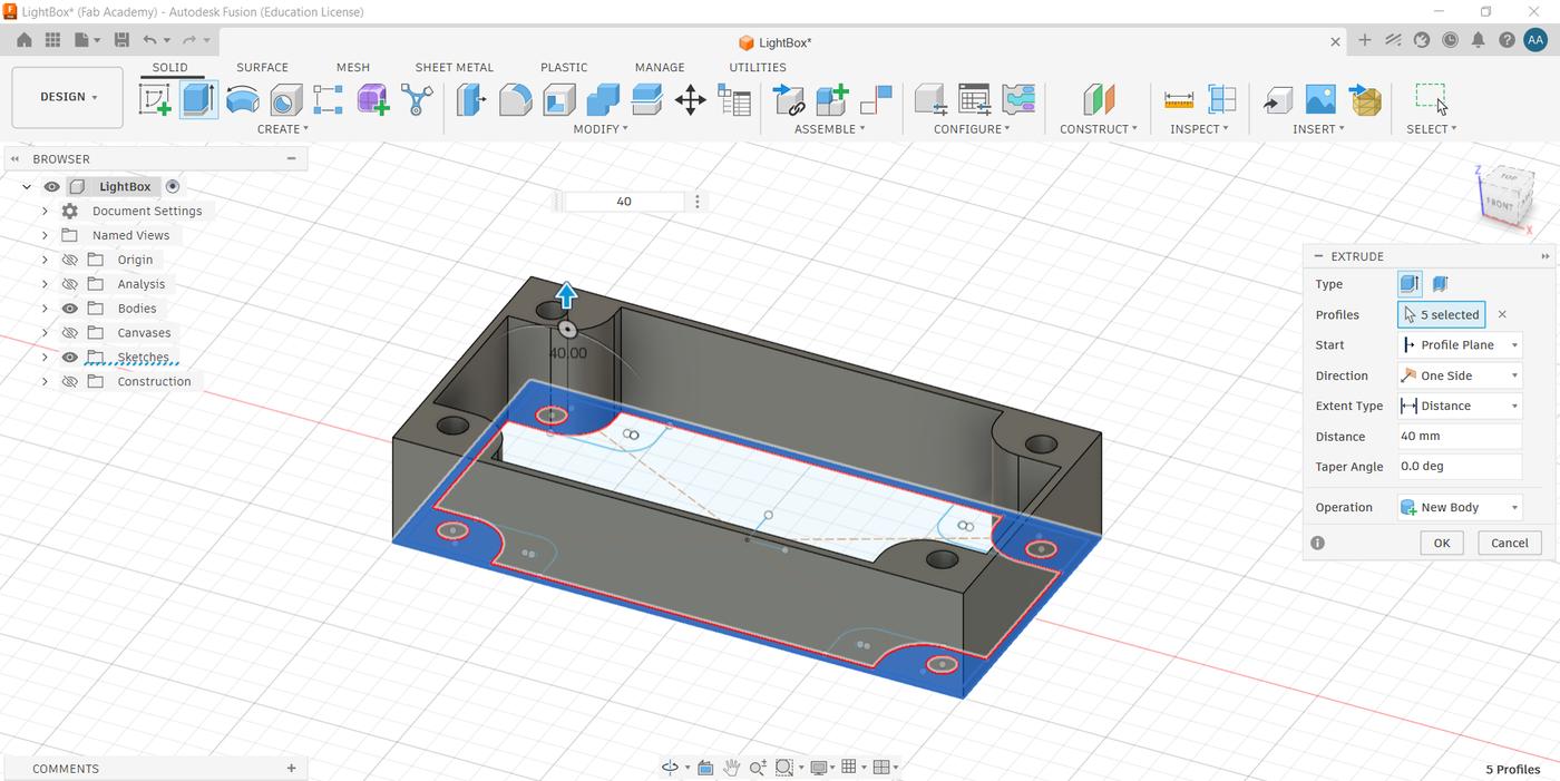 First extrude — enclosure walls and rod openings