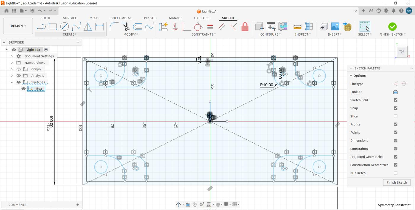 Initial sketch in Fusion 360 — base profile with constraints