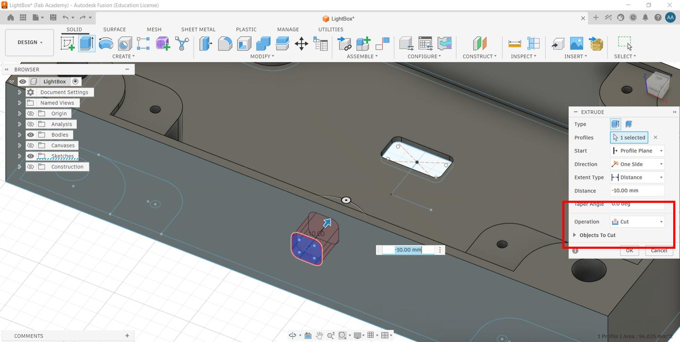 Fusion 360 — Extrude Cut dialog for toggle switch opening on side face