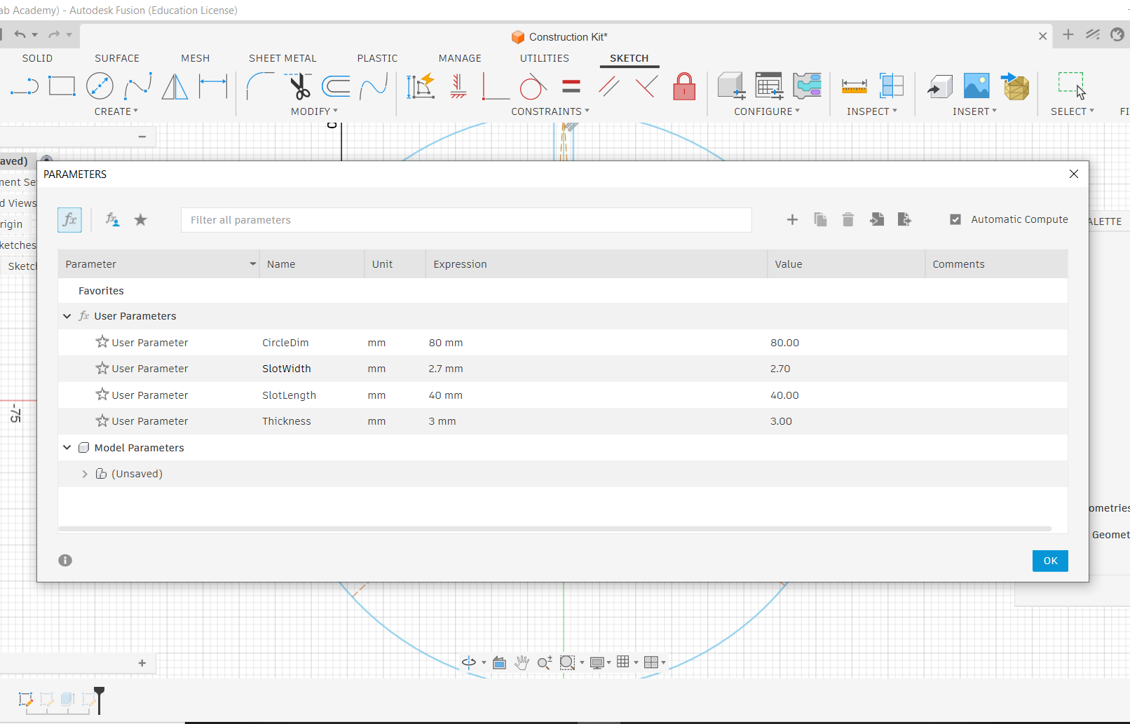 Fusion 360 parameters dialog showing diameter, slot thickness, kerf, and extrusion values