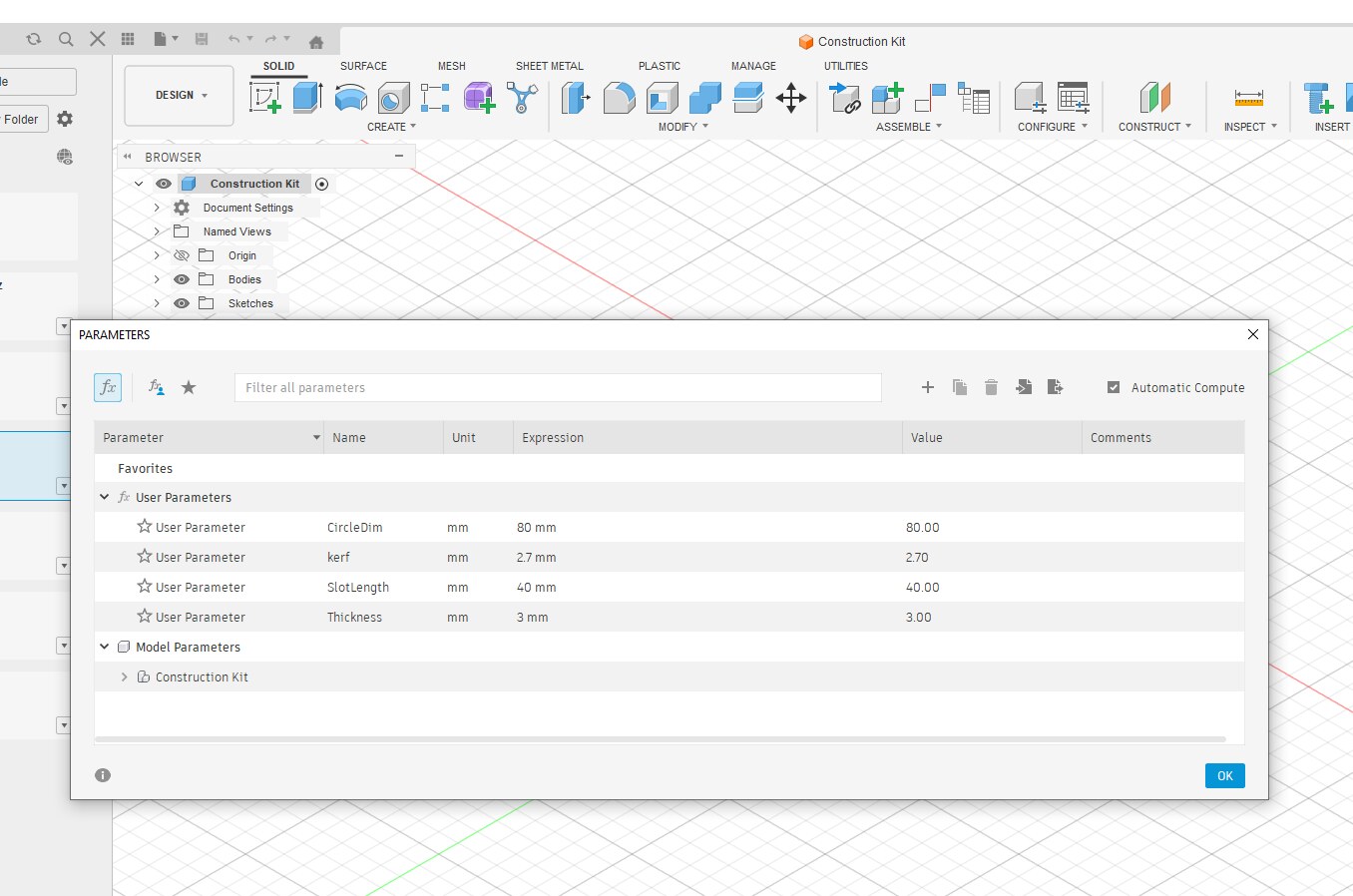 Fusion 360 parameters dialog showing diameter, slot thickness, kerf, and extrusion values