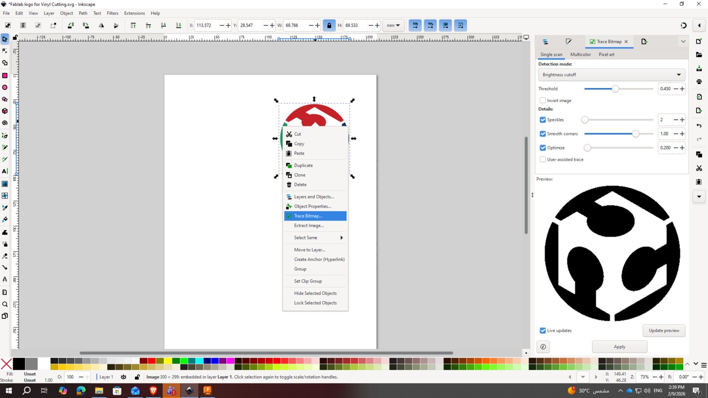 Inkscape Trace Bitmap dialog with the Fab Lab logo being converted to vectors
