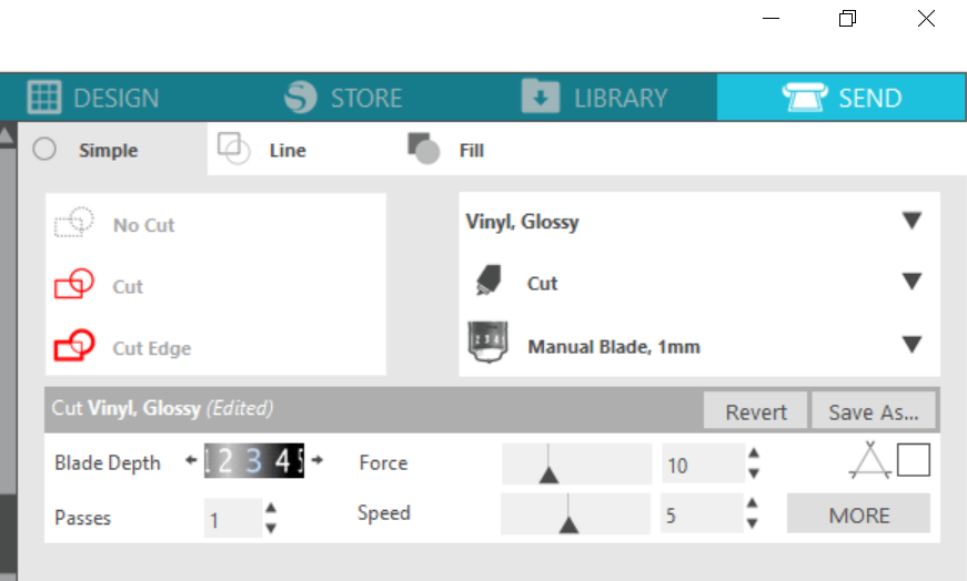 Silhouette Studio cut settings — Vinyl Glossy, Manual Blade 1mm, Blade Depth 4, Force 10, Speed 5