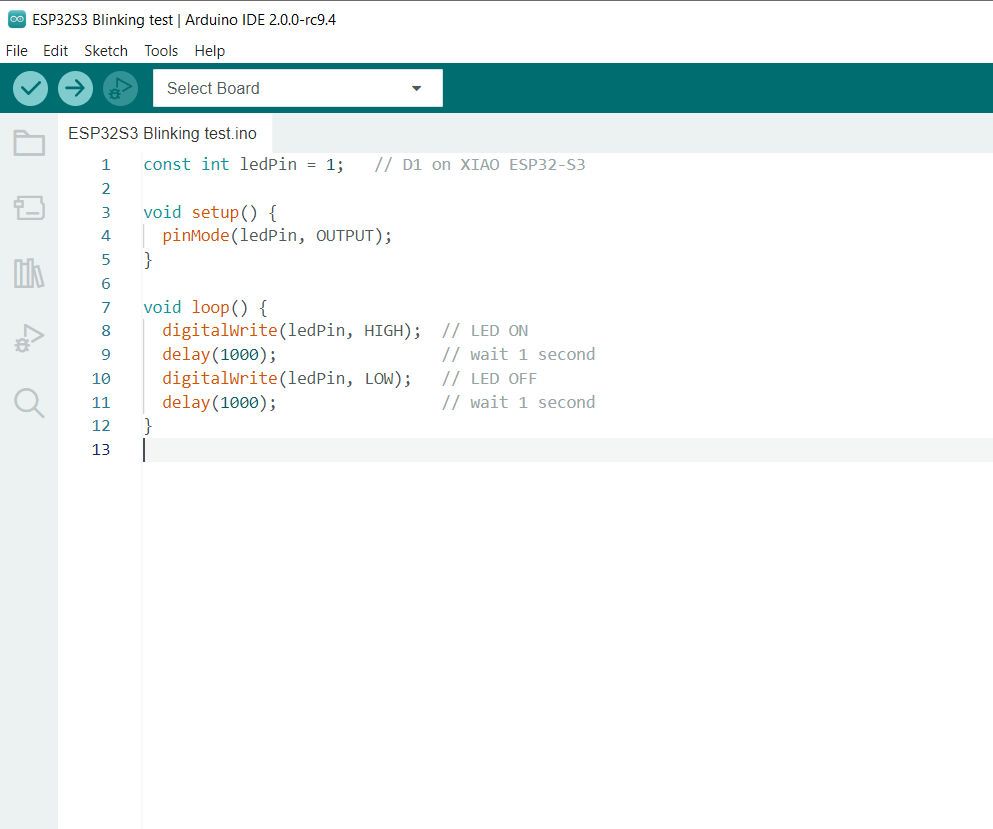 Arduino IDE showing the blink code uploaded