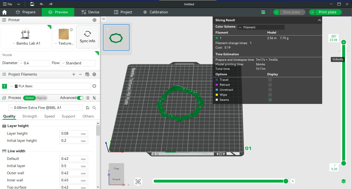 Bambu Studio — Test 1 slicing setup