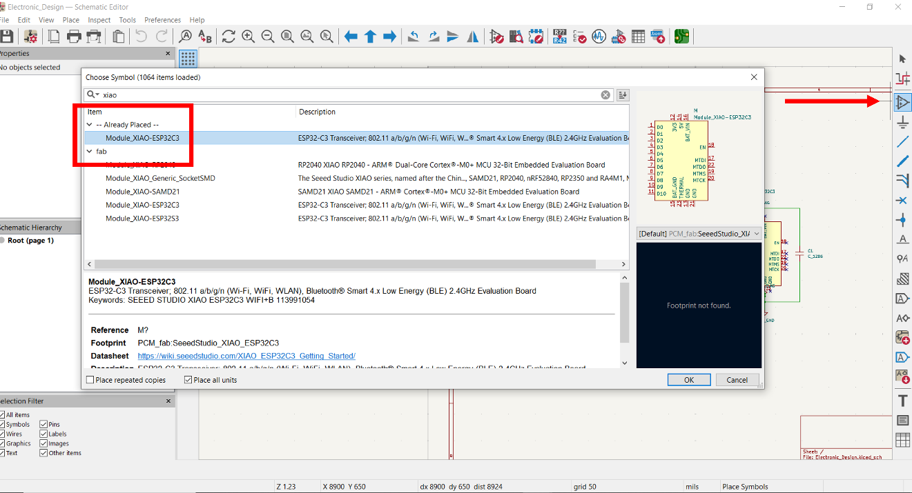 Placing component symbols in KiCad schematic editor