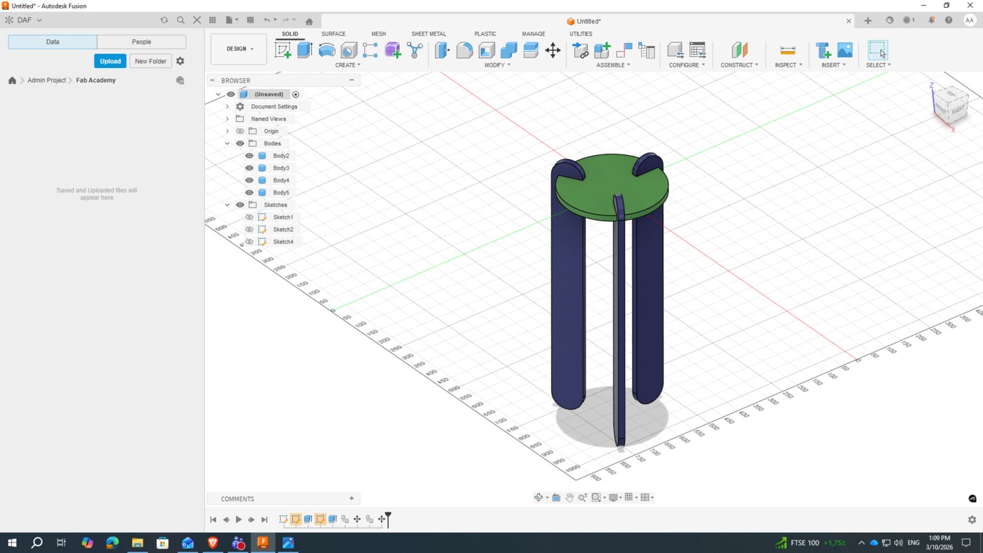 Fusion 360 3D model of the assembled press-fit stool