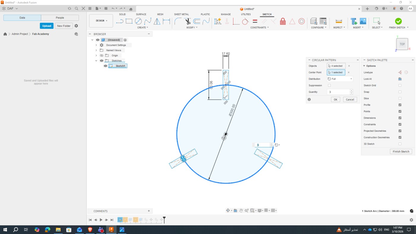 Fusion 360 sketch of the stool with parametric dimensions and joint positions