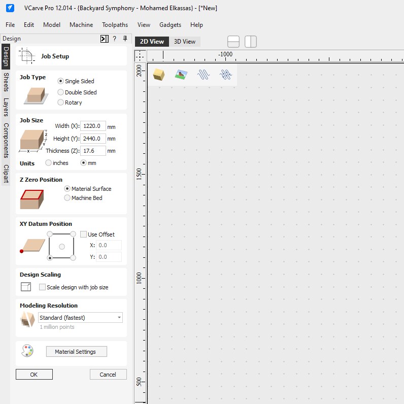 VCarve job setup dialog with the plywood sheet dimensions configured