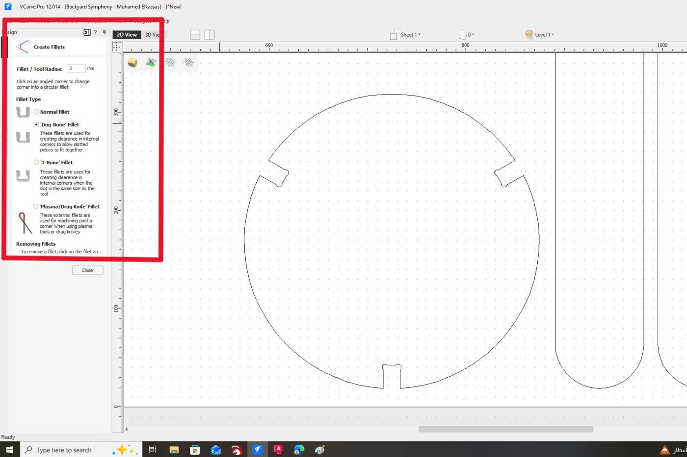 VCarve view showing dogbone fillets added to the internal corners of the joints