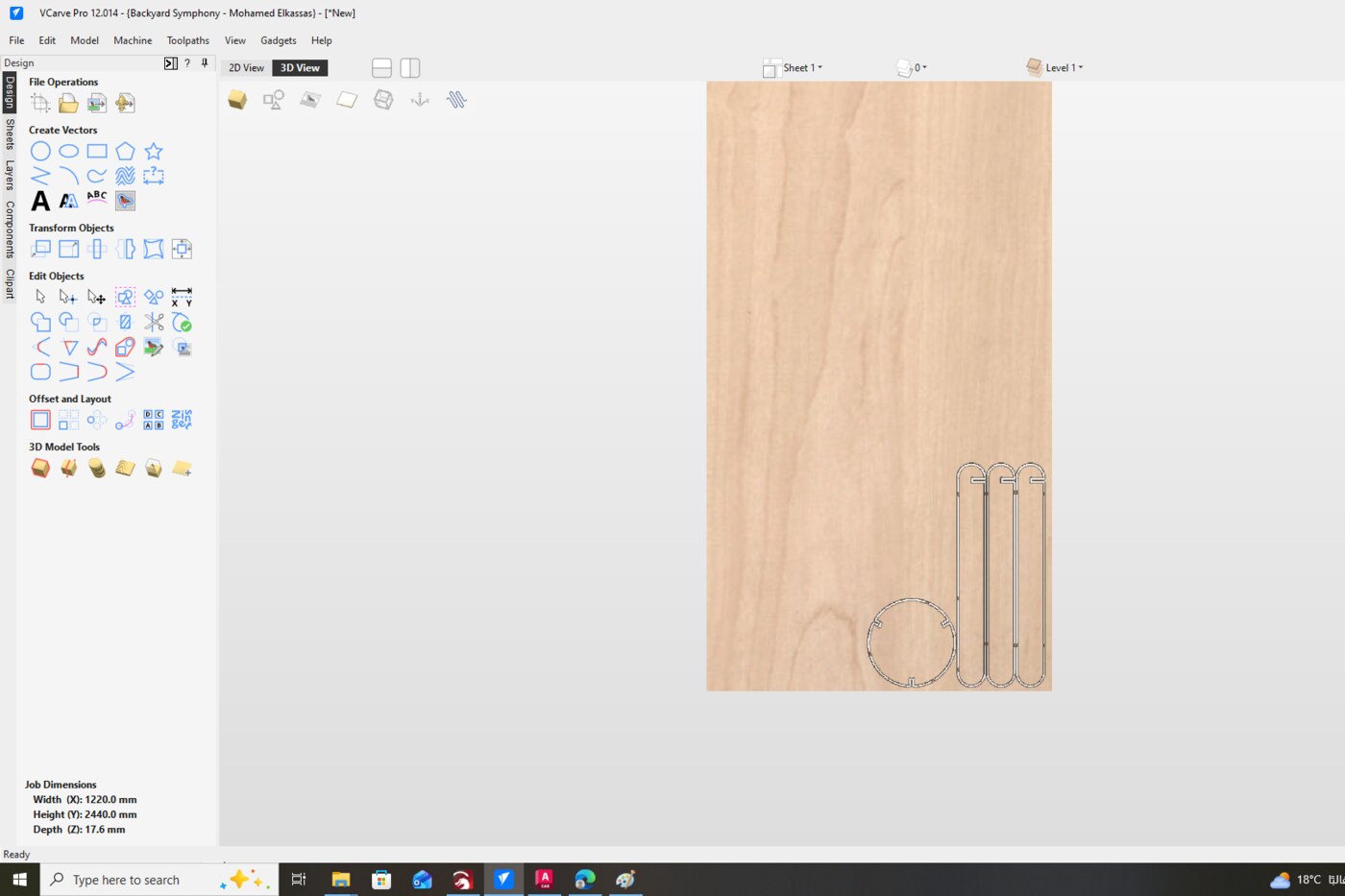 3D job preview in VCarve simulating the milling result