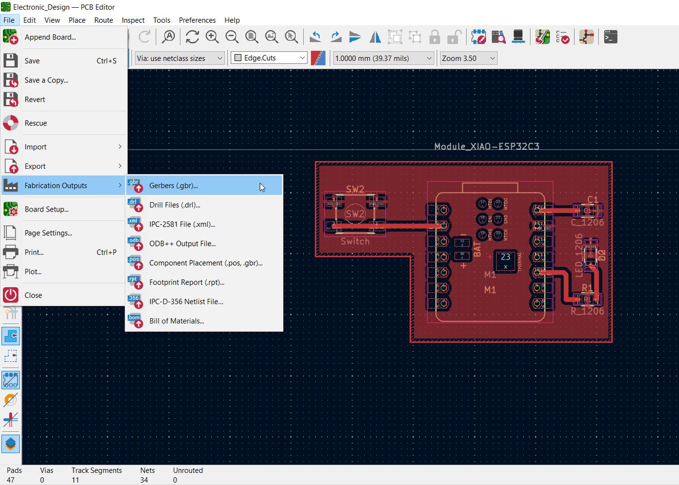 KiCad Fabrication Outputs — Gerber export with F.Cu and Edge.Cuts layers selected