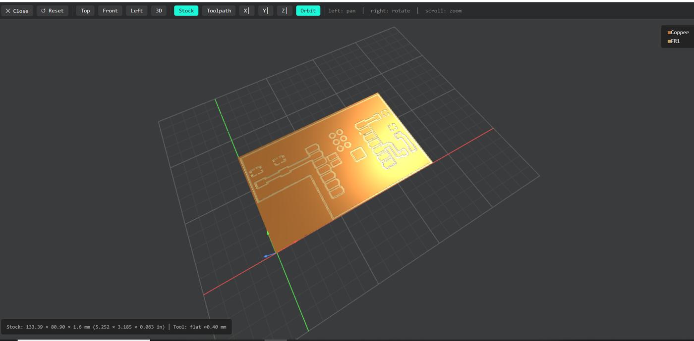 3D preview of the milled PCB showing copper traces on the FR1 substrate