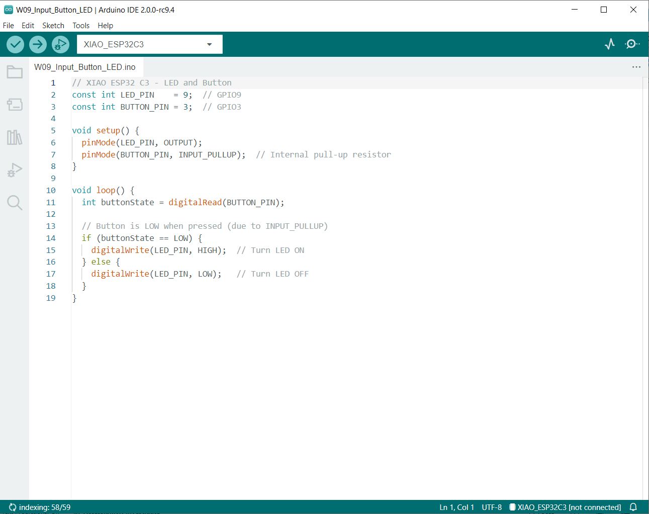 The complete sketch loaded in Arduino IDE, ready to upload