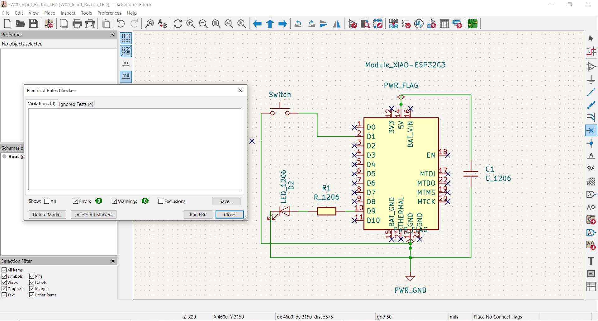 KiCad schematic showing the ESP32-C3, SMD button on D1, and LED on D9