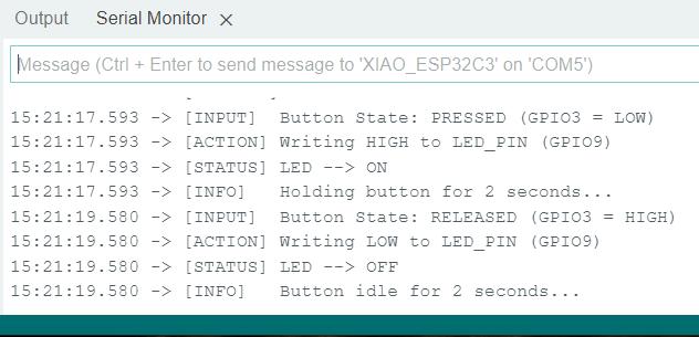 Arduino Serial Monitor showing button press and release events
