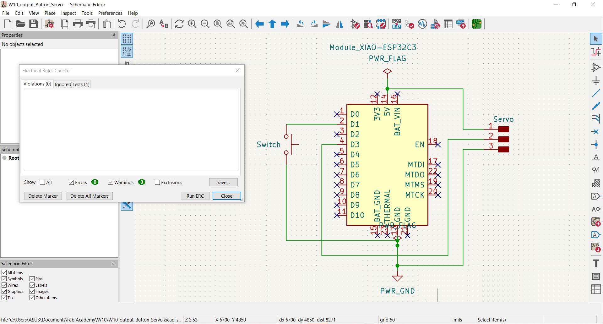 KiCad schematic showing ESP32-C3 with servo on D3 and button on D1