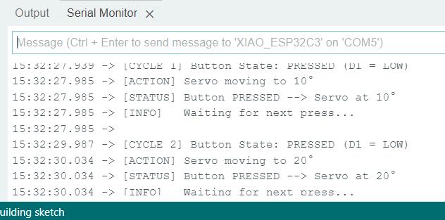 Arduino Serial Monitor showing servo cycle output