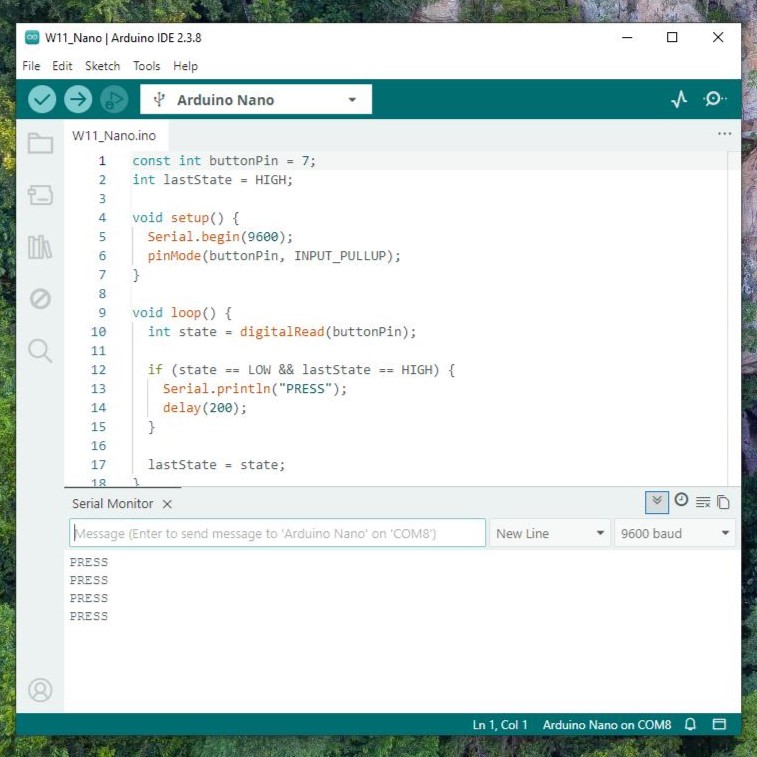 Arduino Nano sender sketch open in Arduino IDE with Serial Monitor