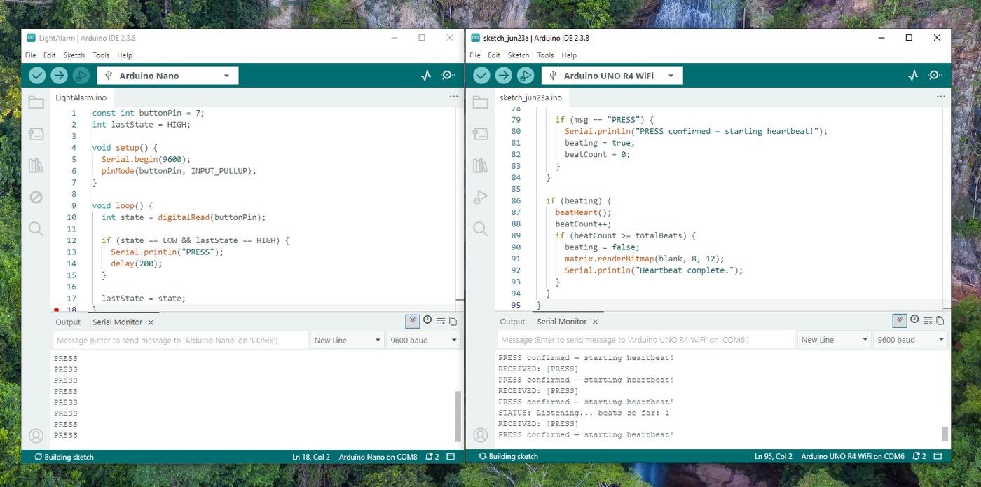 Both Arduino IDEs side by side — Nano sending PRESS, UNO R4 receiving and confirming heartbeat