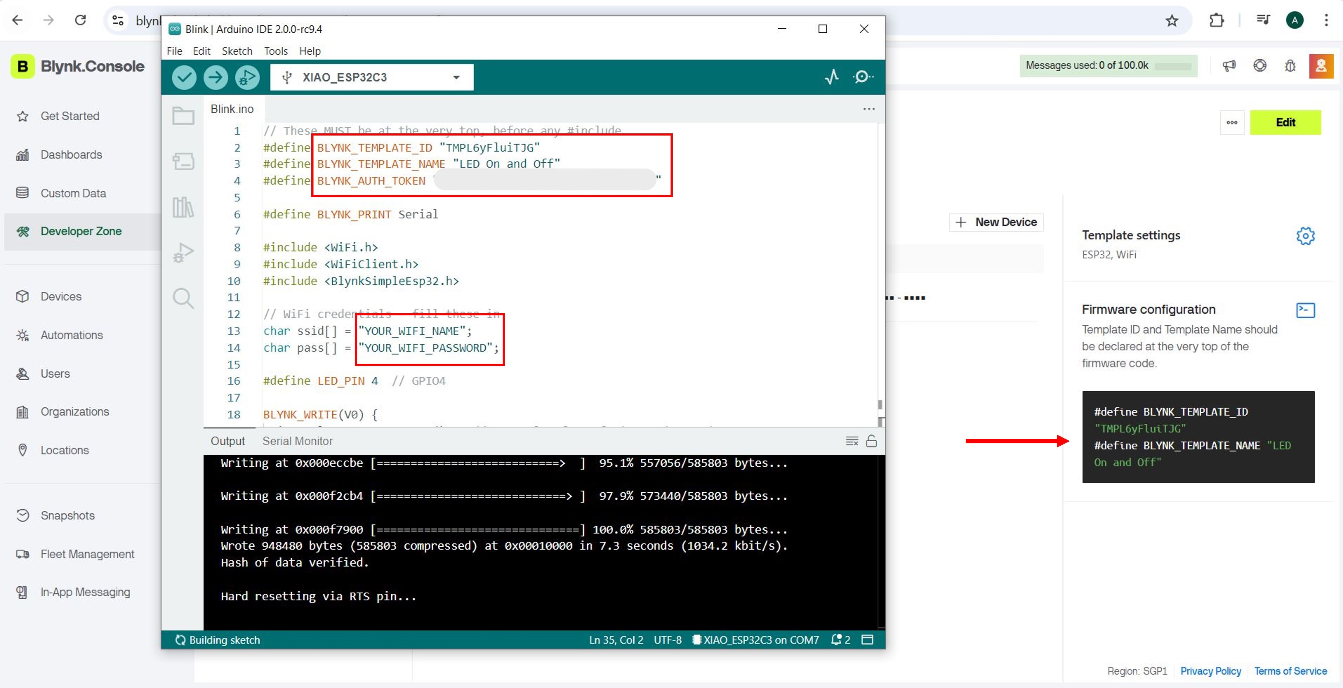 The complete Blynk sketch loaded in Arduino IDE