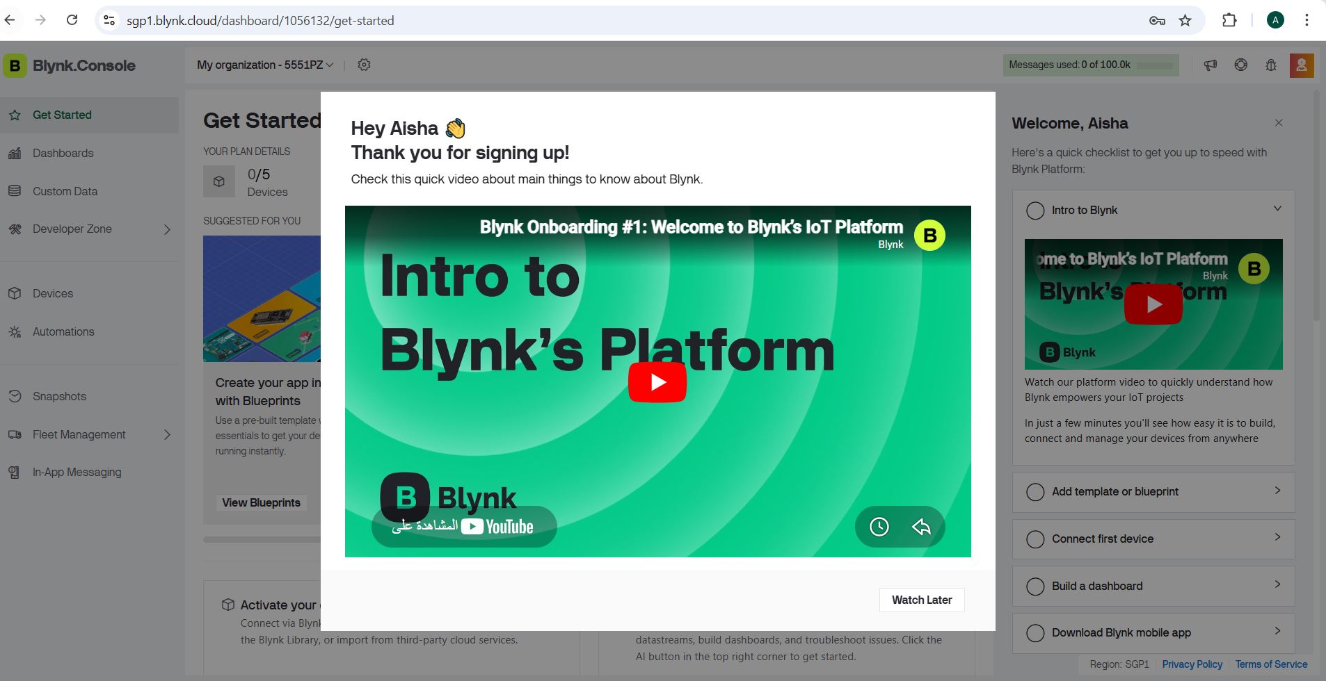 Blynk Console main dashboard after login