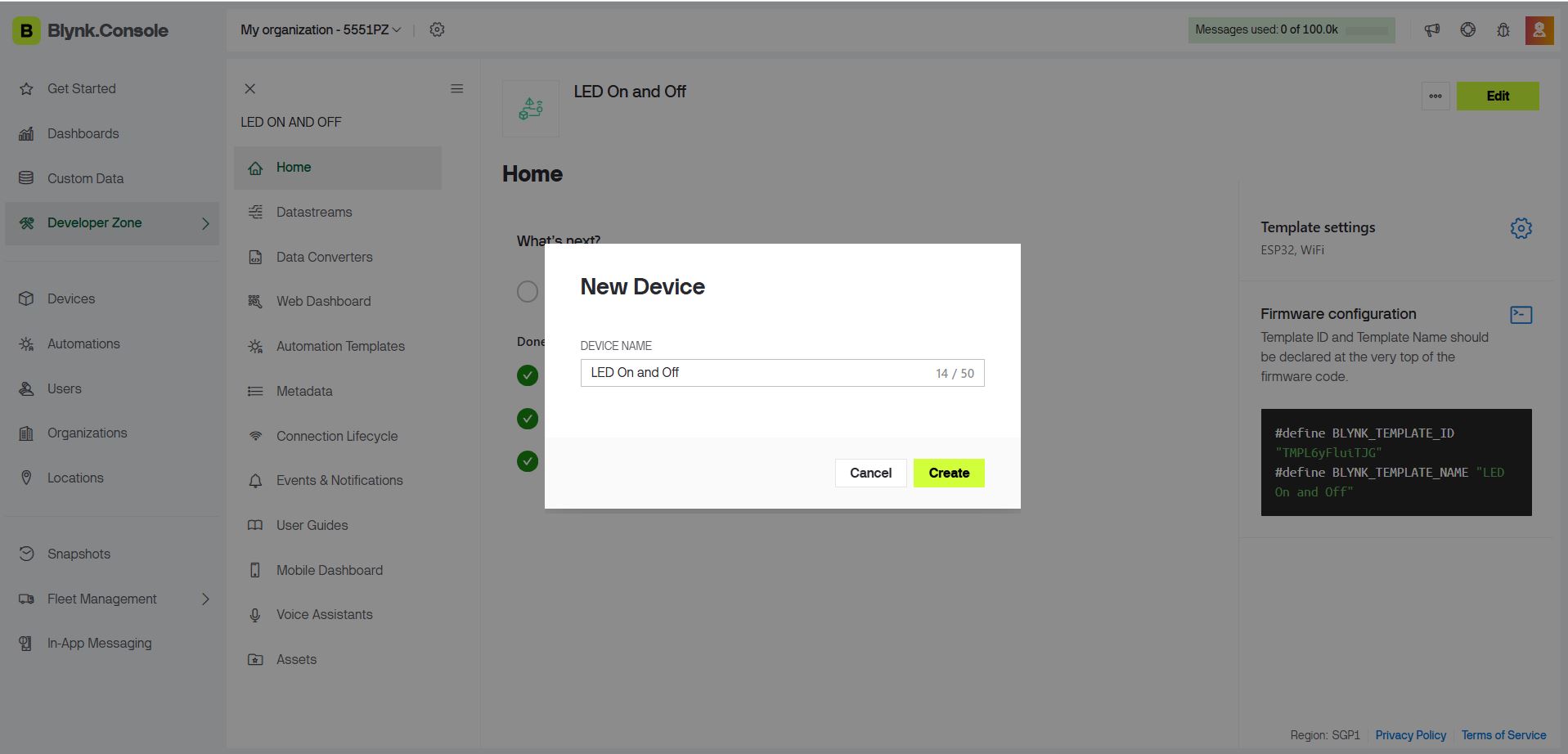 Blynk device page showing Template ID, Device Name, and Auth Token