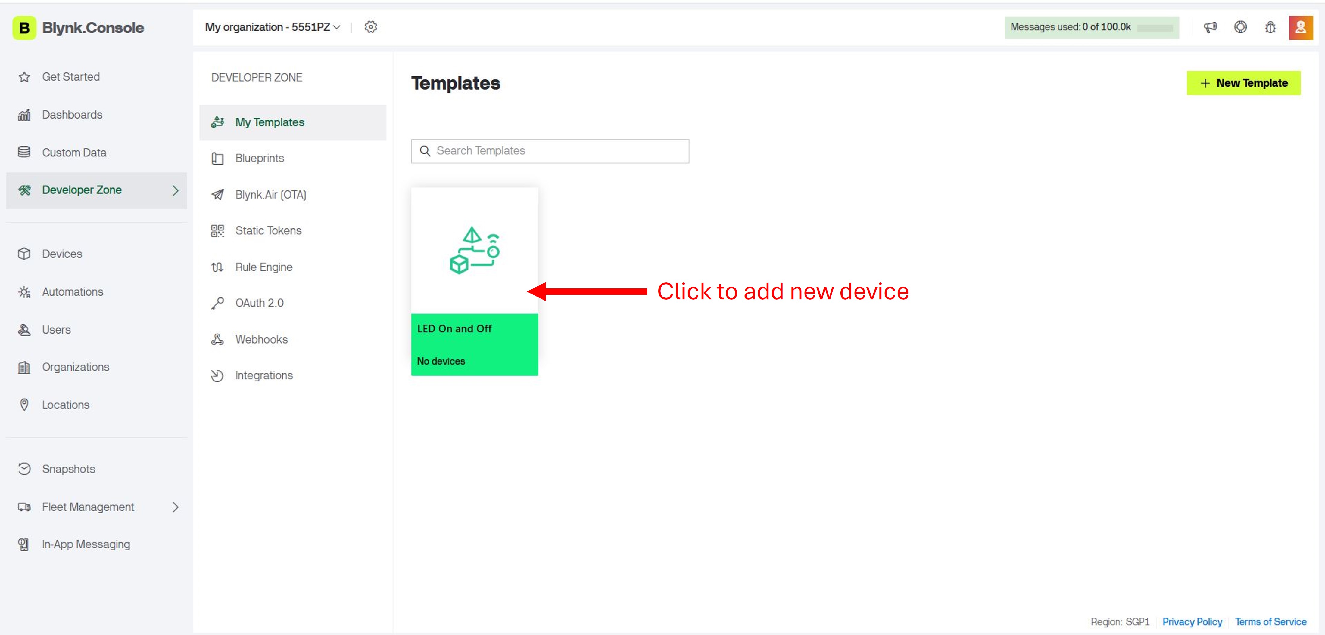 Blynk device page showing Template ID, Device Name, and Auth Token