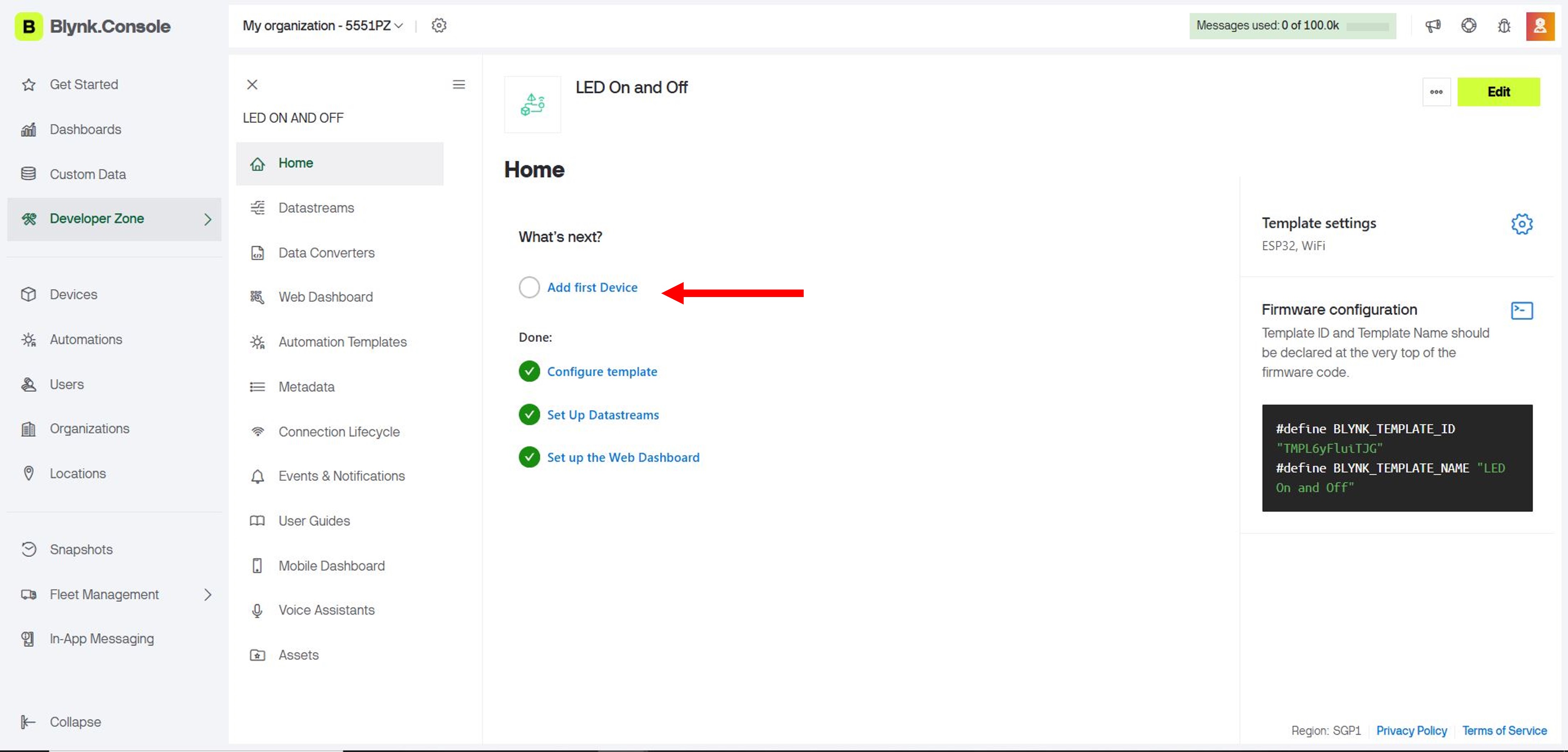 Blynk device page showing Template ID, Device Name, and Auth Token