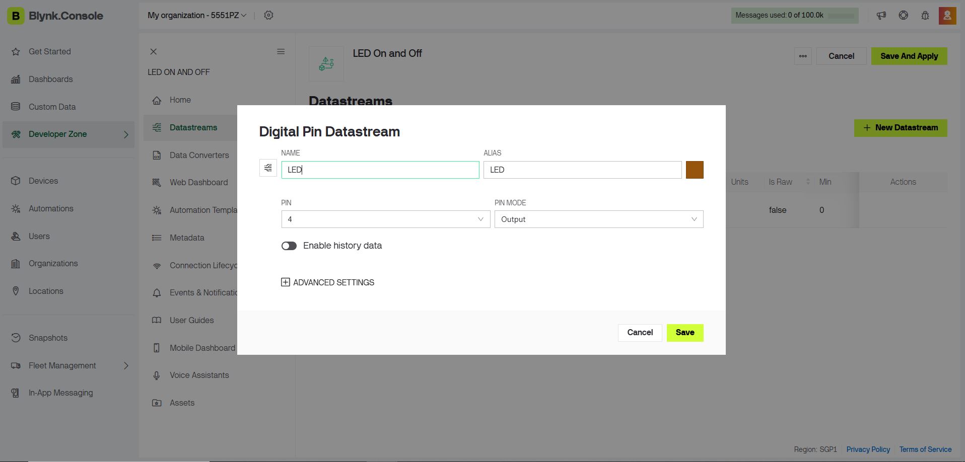 Datastream configuration — Digital Pin mapped to GPIO 4