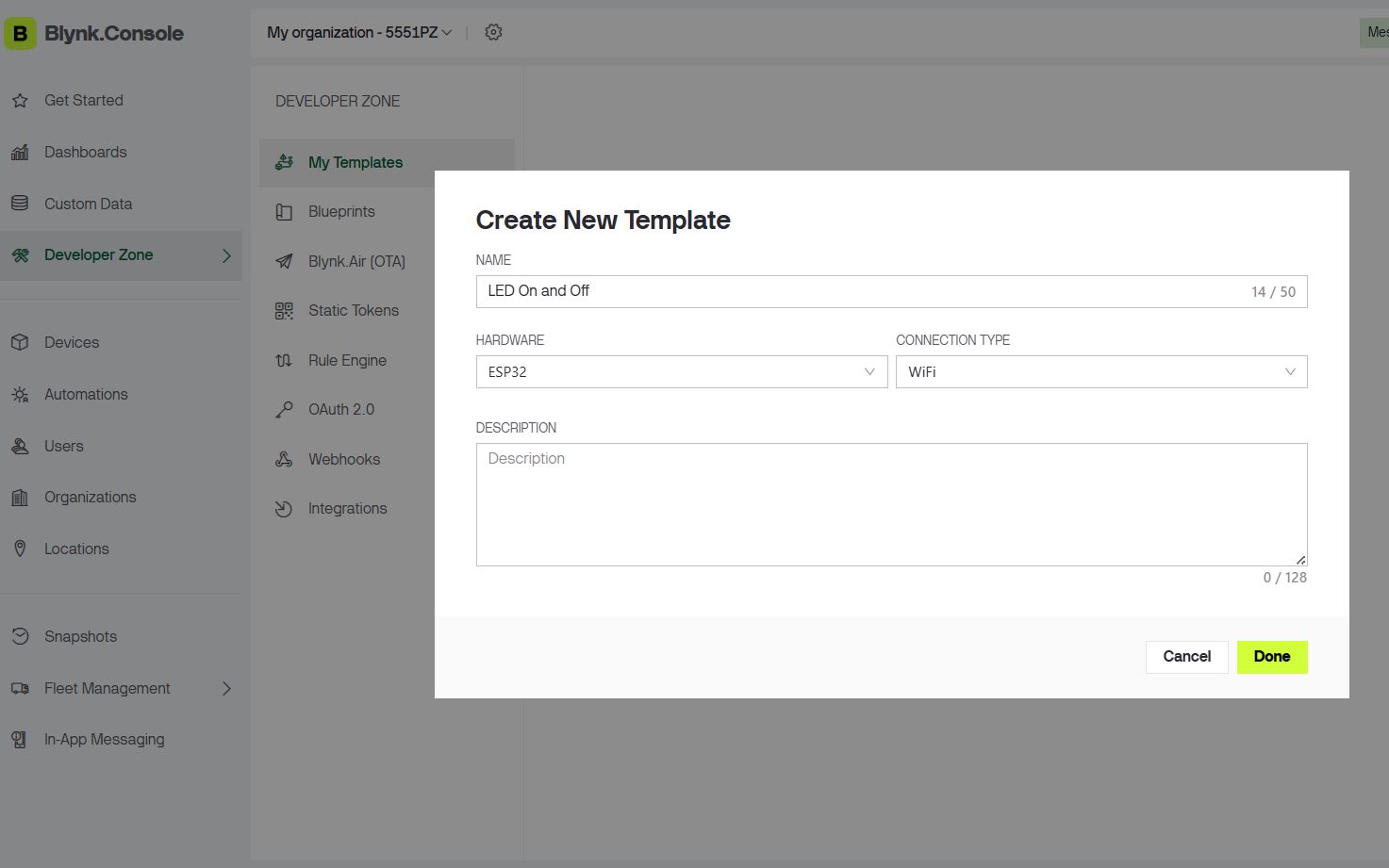 Creating a new Blynk template with ESP32 and WiFi settings