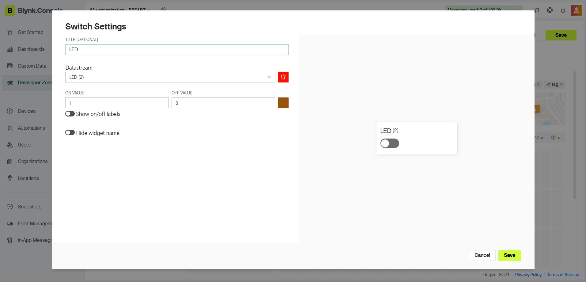 Blynk web dashboard with Switch widget linked to LED datastream