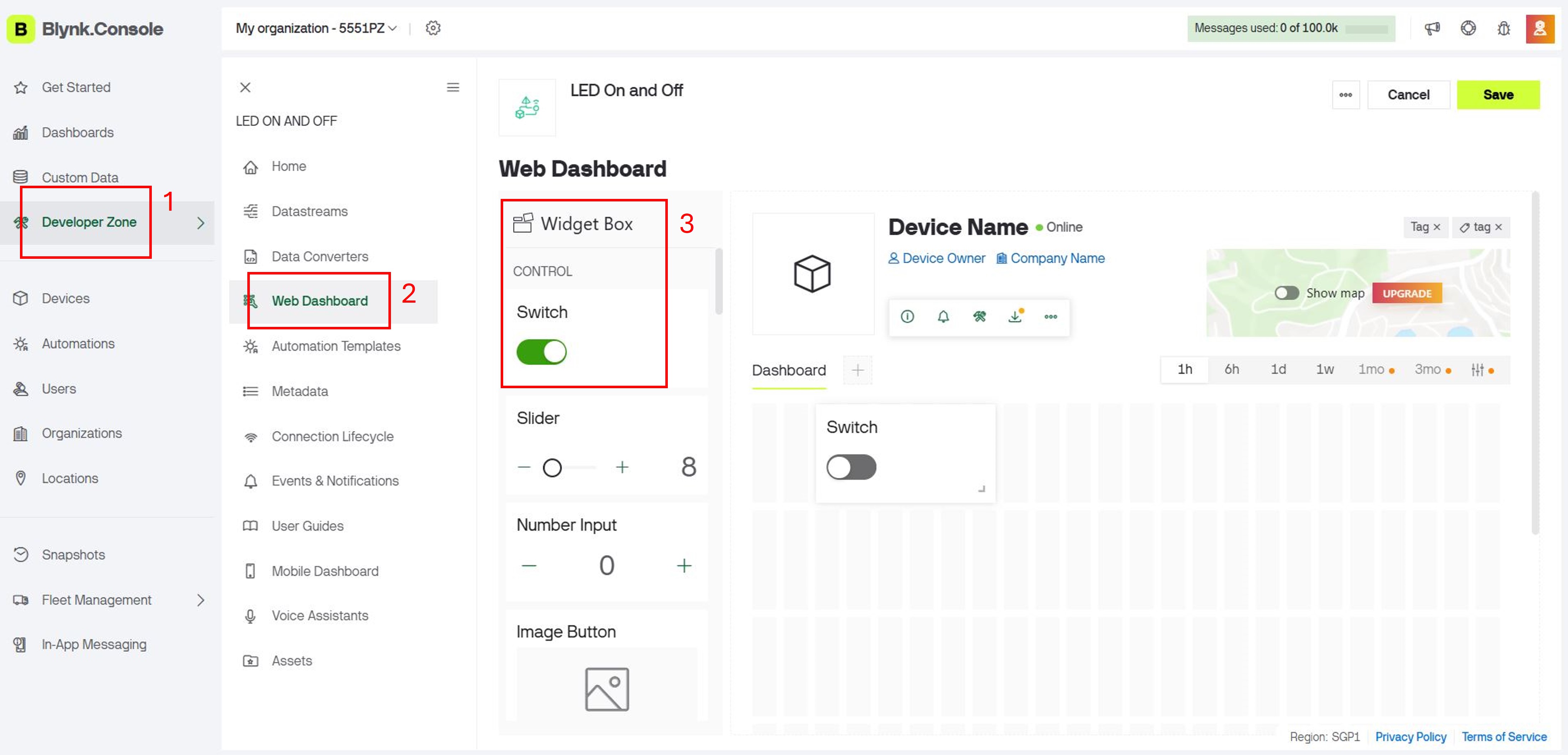 Blynk web dashboard with Switch widget linked to LED datastream