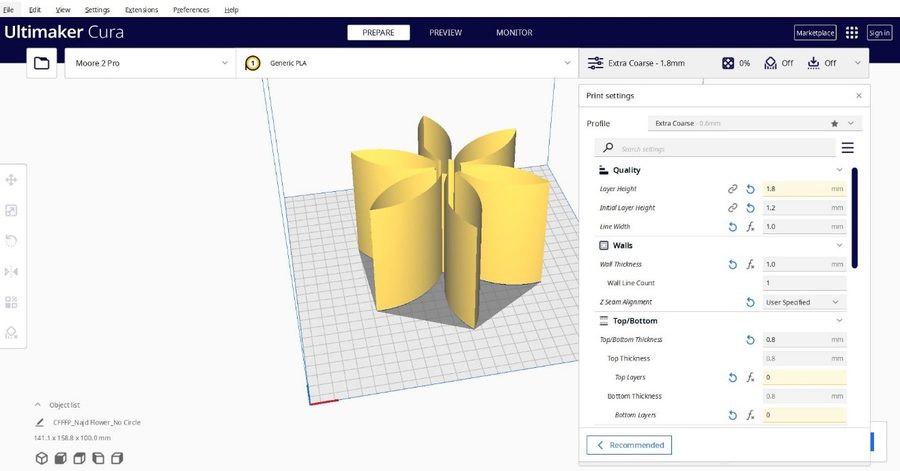 Ultimaker Cura interface showing the flower model and the clay print settings panel