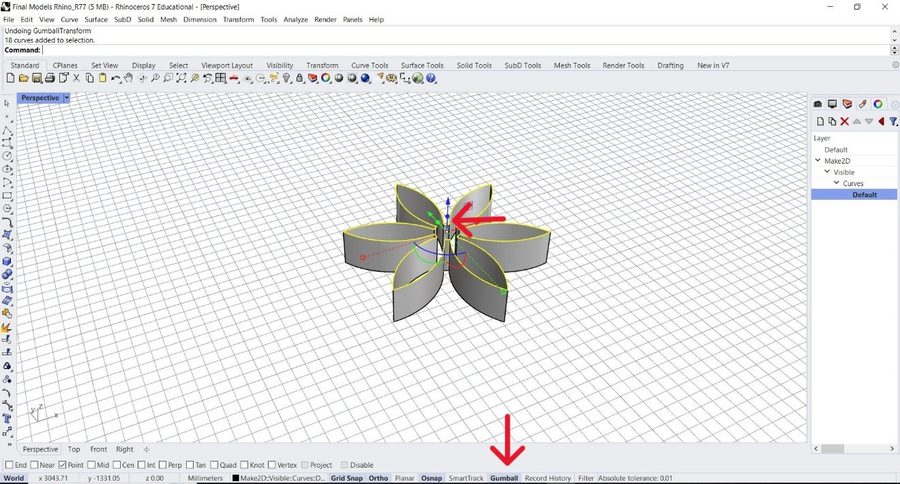 Rhino perspective view showing the flower curves extruded into vertical petal walls using the Gumball tool