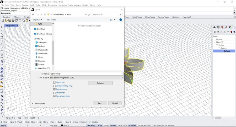 Rhino export dialog saving the flower model as an STL file