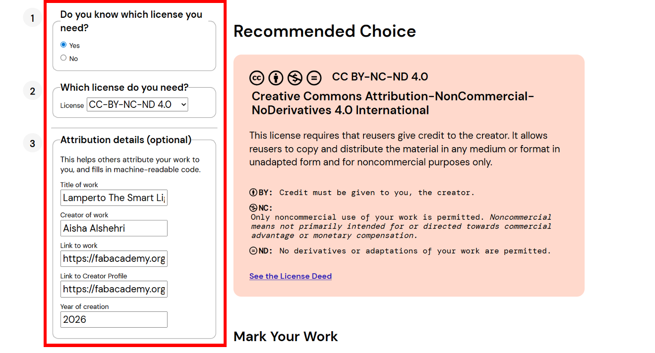 Creative Commons license chooser — CC BY-NC-SA 4.0 selected with attribution details filled in