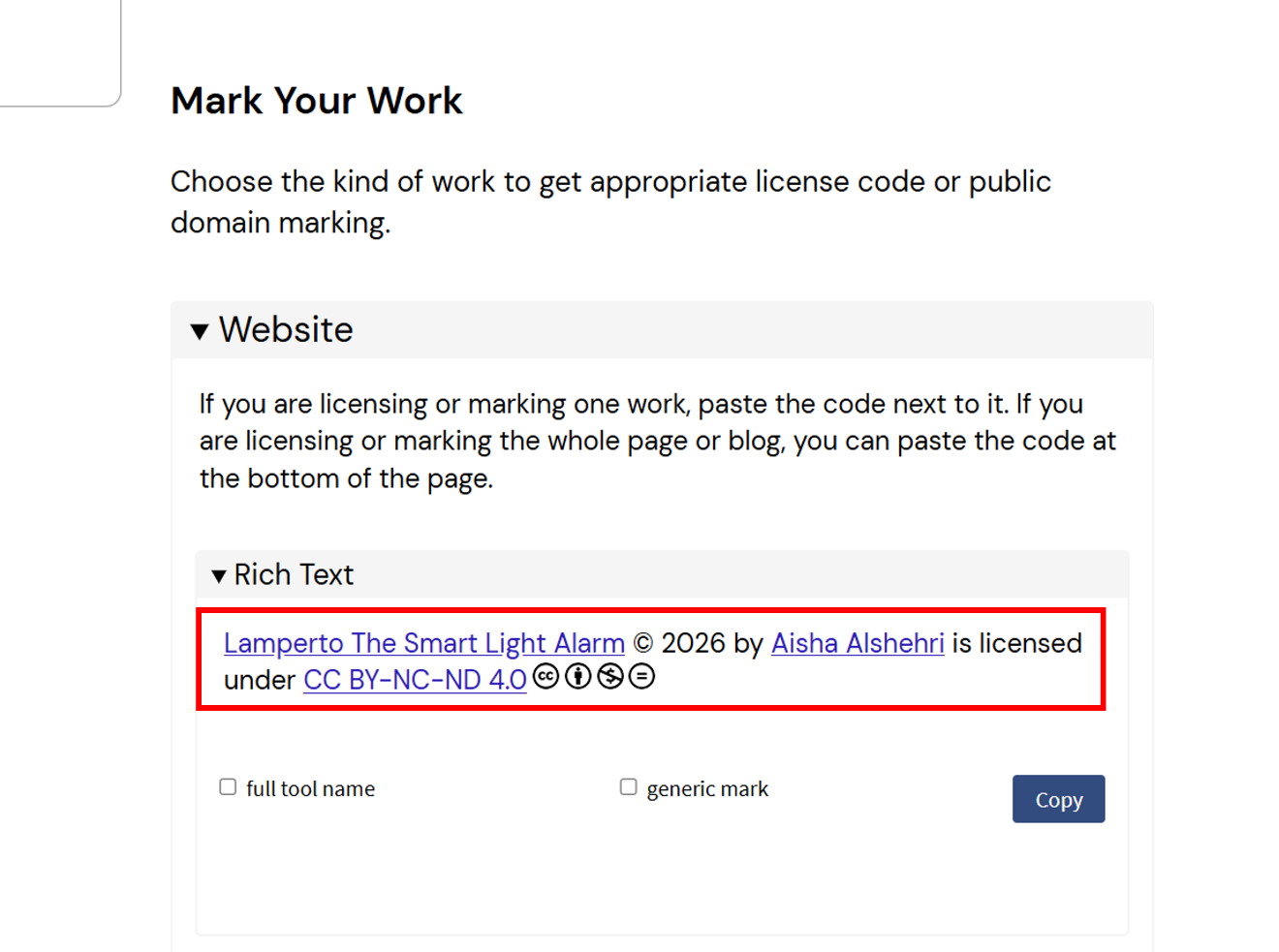 Creative Commons Mark Your Work output showing the Rich Text license badge
