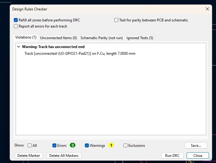 DRC results in KiCad