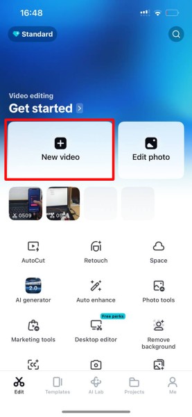 CapCut home screen — tap New video to start