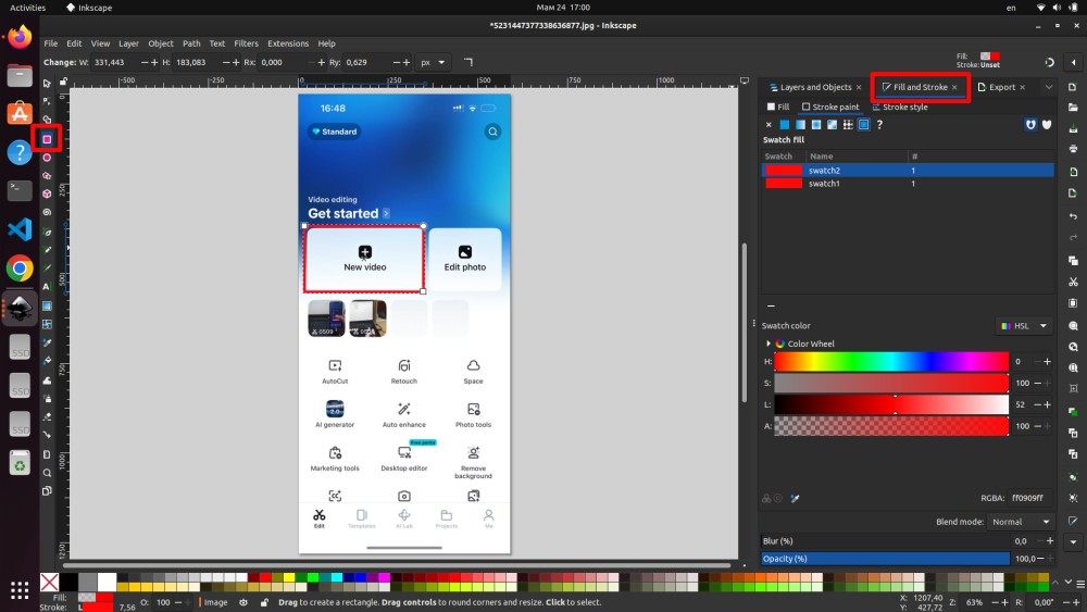 Inkscape — rectangle tool selected, red stroke color in Fill and Stroke panel