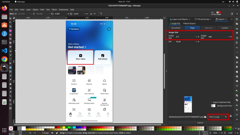 Inkscape — Export panel showing Image Size fields, width 277px height 600px