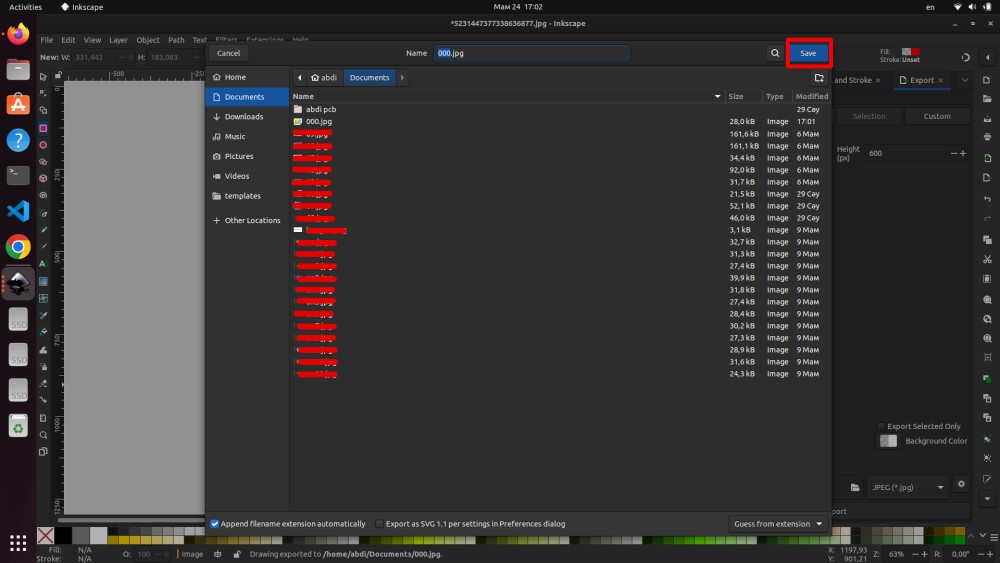 Inkscape — Save file dialog with filename 000.jpg and Save button highlighted in red