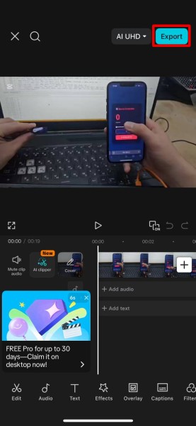 CapCut timeline editor — tap Export in top-right corner