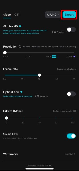 CapCut export settings — change resolution, bitrate and press Export