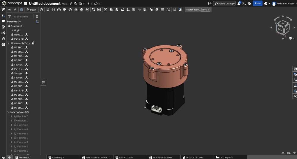 Onshape Assembly view of the completed planetary gear reducer — copper housing, planet gears visible, Nema 17 motor at base, 18 instances listed in the panel